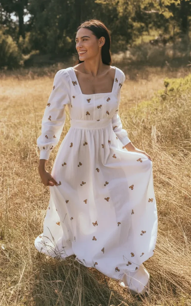 White Embroidered Maxi with Romantic Sleeves